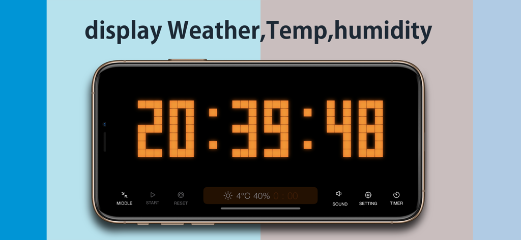 SClock-large,high visibility - 시간 및 날씨 정보를 표시하는 대형 주황색 디지털 시계의 가로 보기