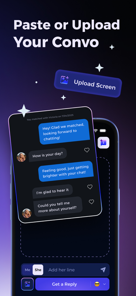 Smooth Ai - Rizz Wingman - Smooth AI Rizz Wingman app interface showing the option to paste or upload a dating conversation screenshot for AI generated replies.