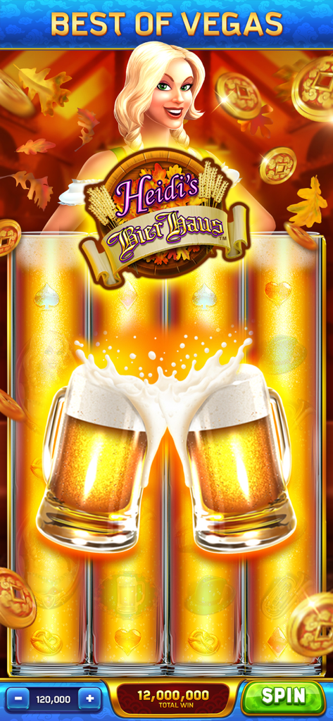 Dancing Drums Slots Casino - Heidi's Bier Haus slot machine gameplay featuring clinking beer mugs and a large coin win