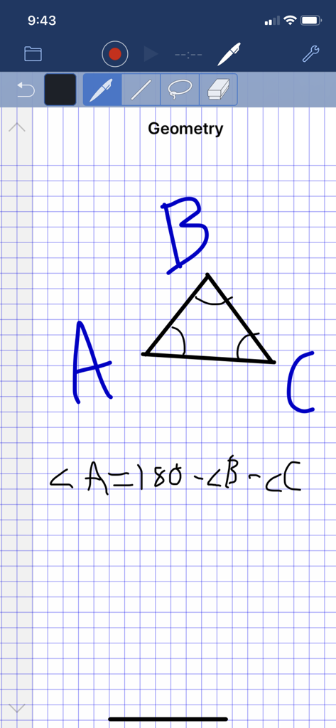 AudioNote™ - AudioNote app interface showing handwritten geometry notes and audio recording features.