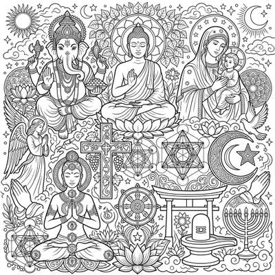 Embark on a peaceful coloring journey with this captivating page featuring a beautiful collection of diverse religious symbols. Discover deities, sacred geometry, and spiritual motifs from across the globe, all intertwined in a harmonious design.