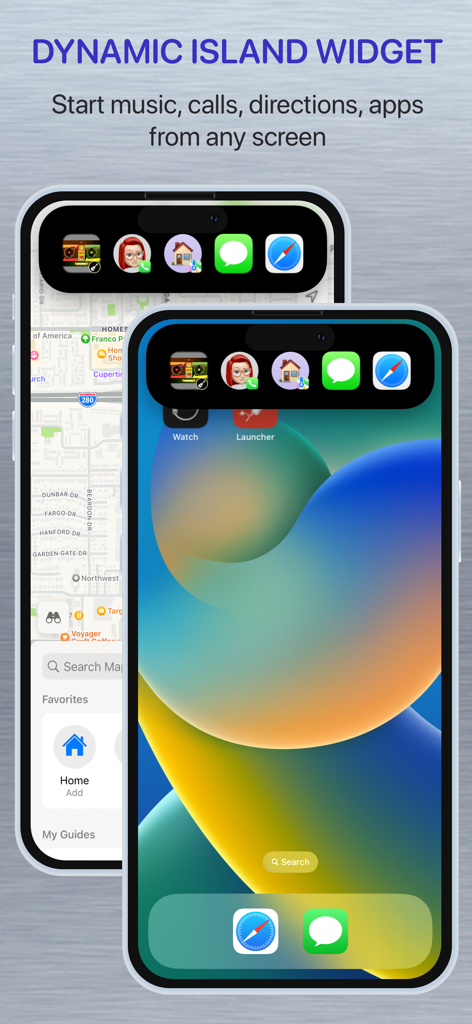 Launcher with Multiple Widgets - iPhone displaying the Dynamic Island widget with quick access shortcuts for music, calls, and navigation.