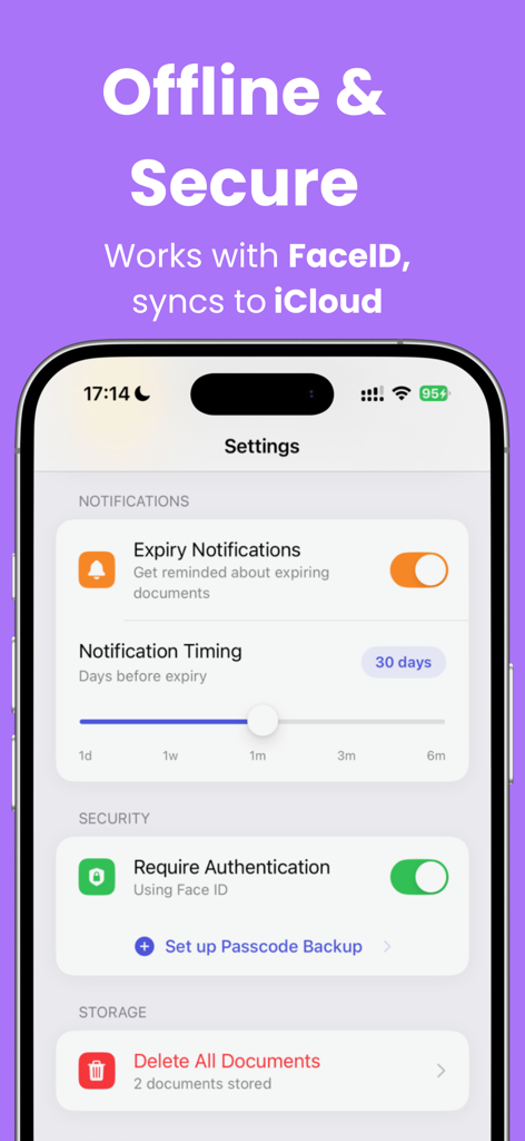 Settings screen of TravelDocs app featuring Face ID security and expiry notification controls.