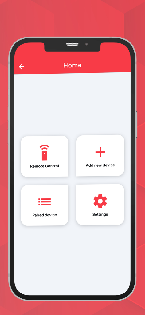Home screen of the Universal AC remote control app showing main menu options on a smartphone