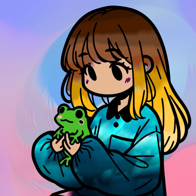 girl with long hair and a oversized shirt. and she is holding a frog