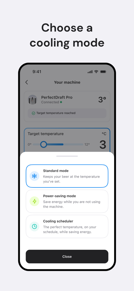 PerfectDraft - Smartphone screen showing the PerfectDraft app cooling mode selection interface including standard and power saving modes.