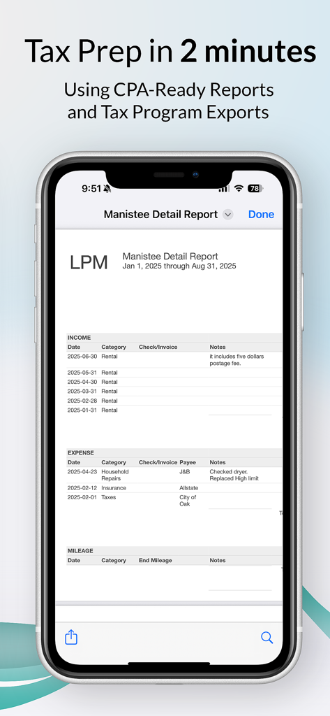 Aplicativo Gerenciador de Propriedades do Proprietário exibindo um relatório fiscal detalhado com categorias de receita e despesa para uma propriedade de aluguel