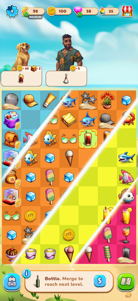 Summer Love: Merge & Story - Gameplay screenshot of Summer Love showing a merge puzzle grid with beach-themed items and a character with a dog.