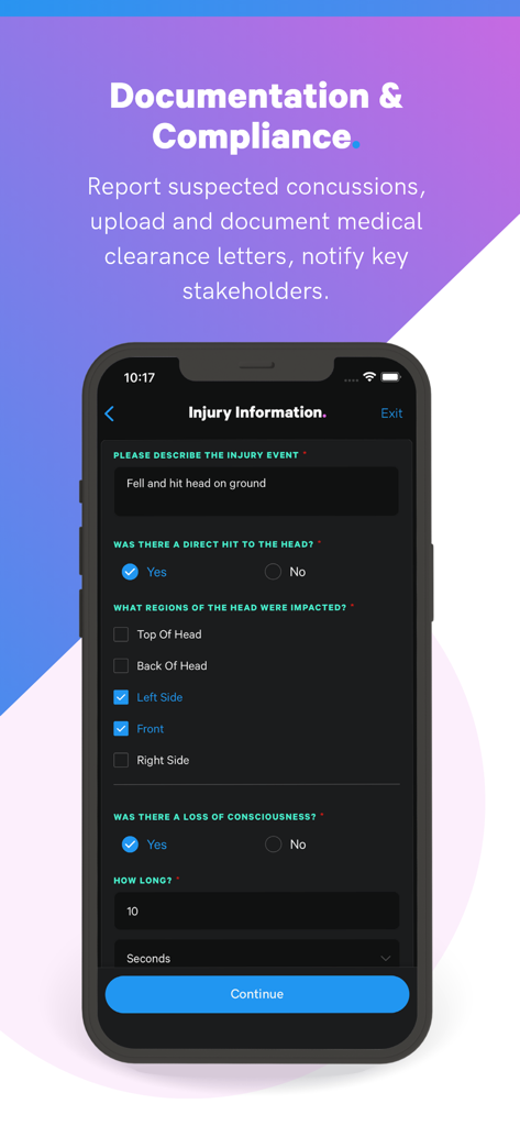 Concussion Tracker - Smartphone showing an injury information form to report a suspected concussion including details about the impact and loss of consciousness.