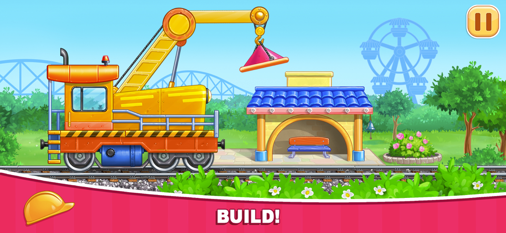 A yellow crane truck building a station in a children's construction game with a ferris wheel in the background