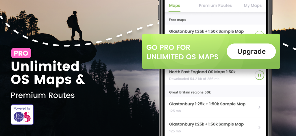OutDoors GPS app interface showing map download options and a call to action for the Pro version featuring unlimited OS maps