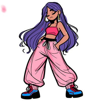 girl in baggy pants crop top and long hair