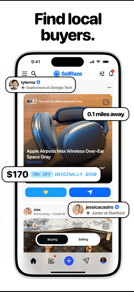 Interface of the SellRaze app showing local product listings including discounted Apple Airpods Max and seller profiles from nearby universities.