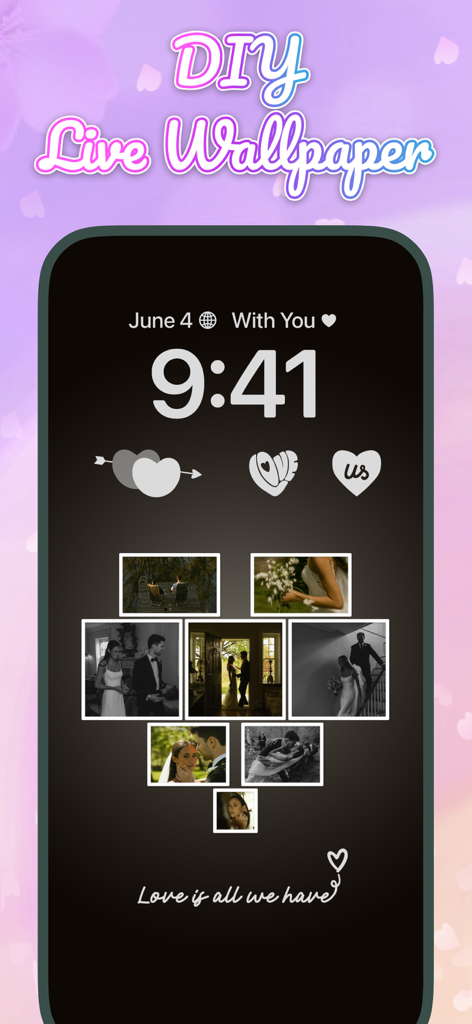 Flower Language: DIY Wallpaper - Tela de bloqueio do iPhone mostrando um papel de parede animado DIY com uma colagem de fotos em formato de coração de um casal e citações românticas