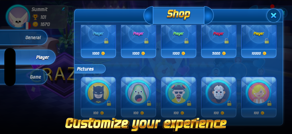 Crazy 8 Online - The shop screen in Crazy 8 Online showing avatar and profile customization options with in-game currency prices