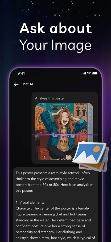 Cloud AI - AI Chat Assistant - Asistente de Cloud AI analizando una imagen subida de un póster retro en una interfaz de chat móvil.