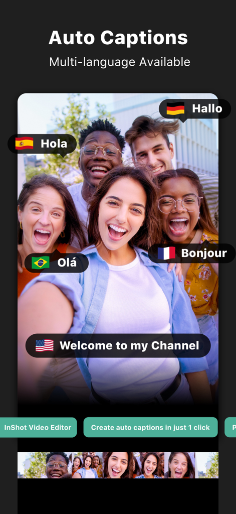 Oberfläche des InShot Video-Editors, die die Auto-Untertitel-Funktion mit Unterstützung für mehrere Sprachen für Creator zeigt