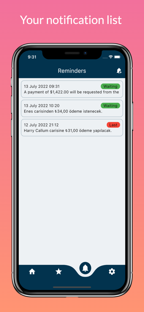 Current Tracking - ENOR - Interface do aplicativo Current Tracking mostrando uma lista de lembretes e notificações de pagamento