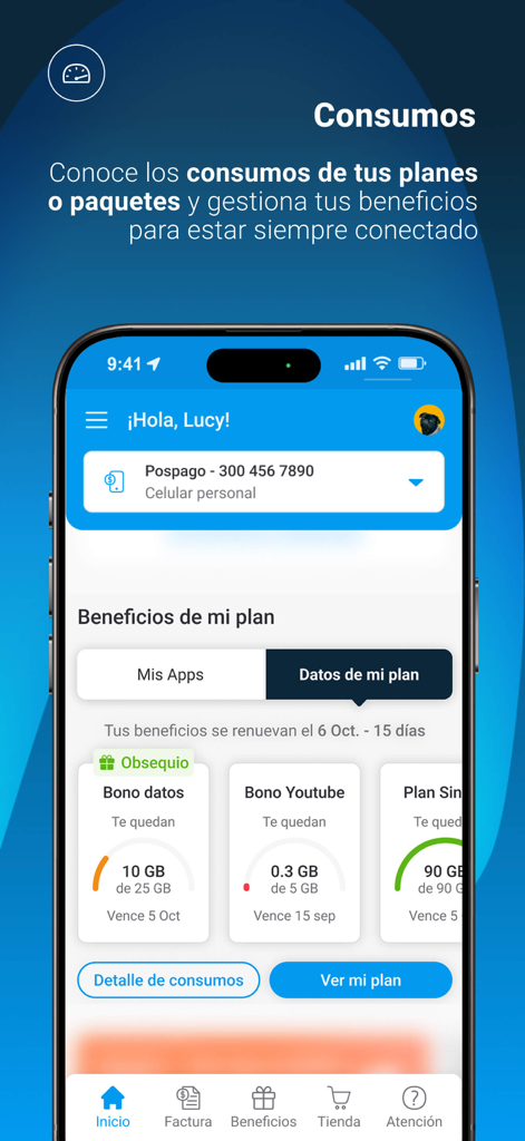 Interfaz de la aplicación Mi Movistar Colombia que muestra el uso de datos y los beneficios del plan.
