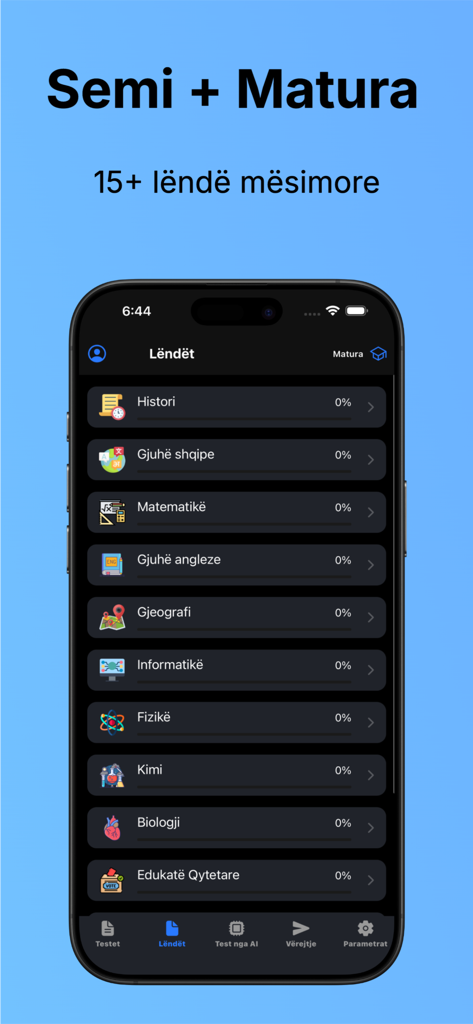 Semi + Matura Kosovë - Screenshot of the Semi + Matura Kosovë app showing a list of various school subjects with progress tracking for exam preparation.