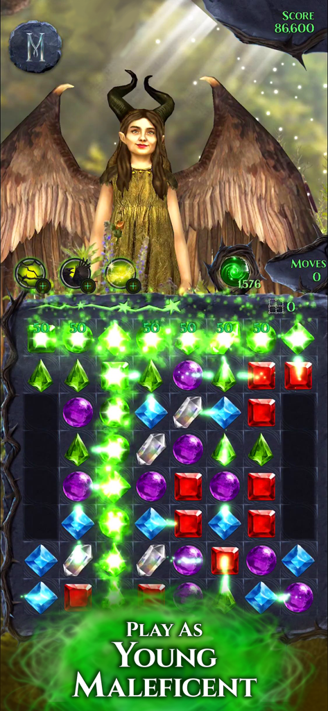 Disney Maleficent Free Fall - Match 3 puzzle gameplay in Disney Maleficent Free Fall featuring the young Maleficent character and glowing green magic effects on enchanted gemstones.