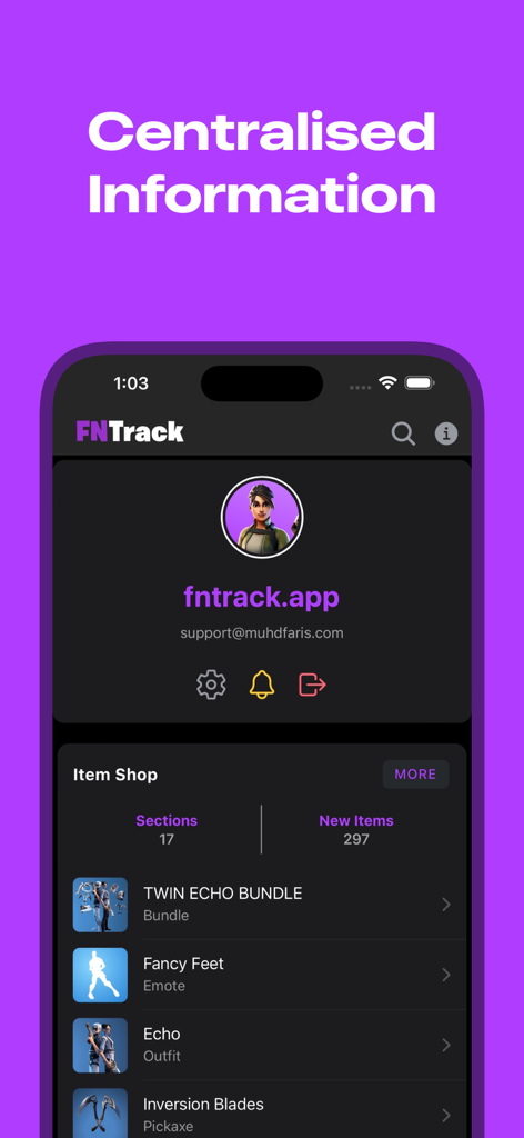 Dashboard dell'app FNTrack che mostra il negozio di oggetti giornaliero di Fortnite e le informazioni del profilo utente
