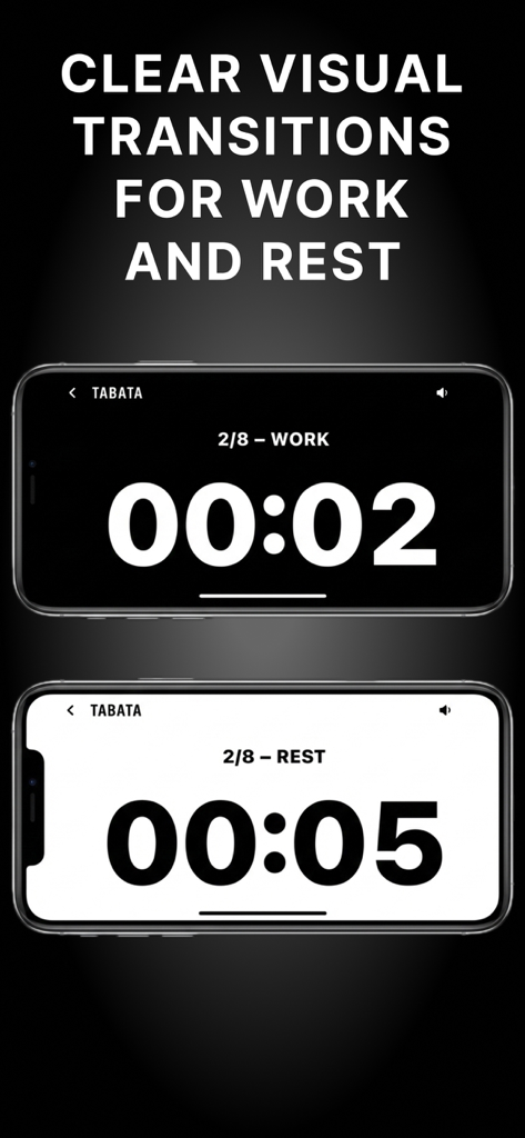 The WOD Timer - The WOD Timer app showing clear black and white high-contrast screens for work and rest intervals during a Tabata workout.