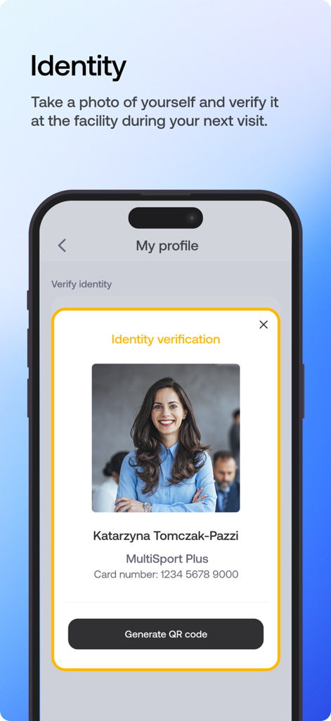 Schermata di verifica dell'identità dell'app MultiSport che mostra una foto del profilo utente e un pulsante per generare un codice QR per l'accesso alle strutture.