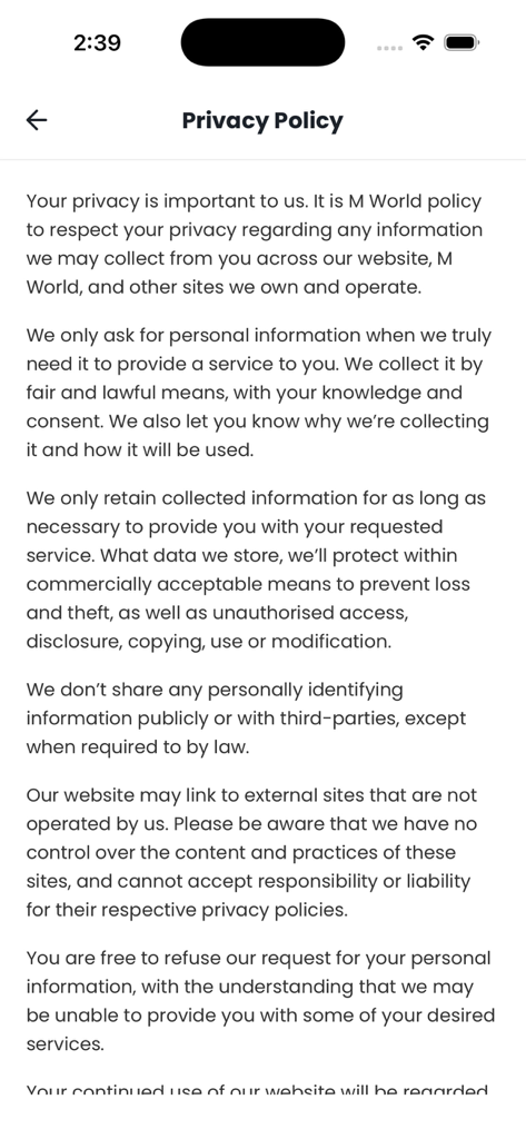 M World News - M World News app privacy policy screen