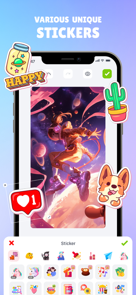 DIY Wallpaper & Widget - Una pantalla de teléfono que muestra la función de edición de pegatinas de la aplicación DIY Wallpaper and Widget con varias pegatinas bonitas y coloridas.