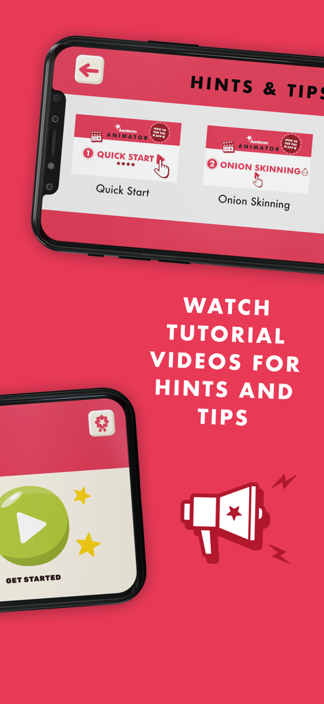 Aardman Animator - Captura de pantalla de la aplicación Aardman Animator mostrando videos tutoriales de animación stop-motion con pistas y consejos.