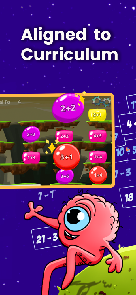 Math Facts Fun Practice Games - Captura de pantalla de la aplicación Monster Math que muestra burbujas de suma y un personaje de monstruo rosa con el texto Alineado al Currículo