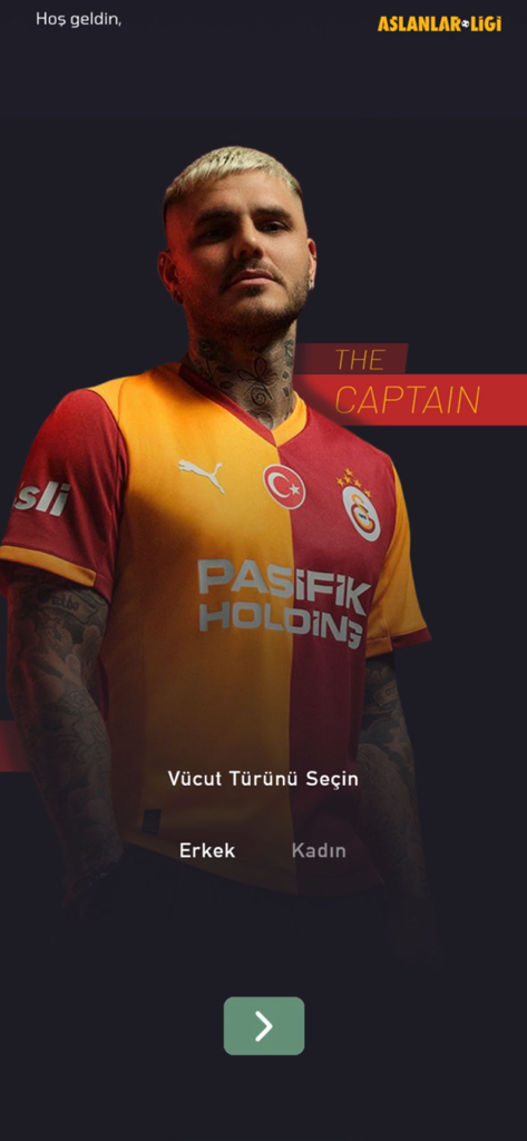 Mauro Icardi on the welcome screen of the Aslanlar Ligi app featuring body type selection for avatar creation