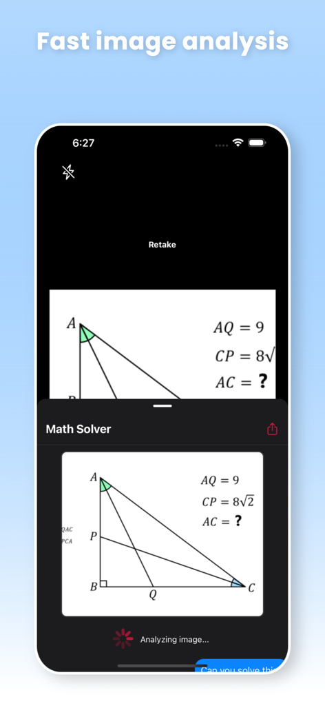 Unriddle Ai : Math Helper - Unriddle AI App-Oberfläche, die eine schnelle Bildanalyse eines Geometrie-Problems zeigt