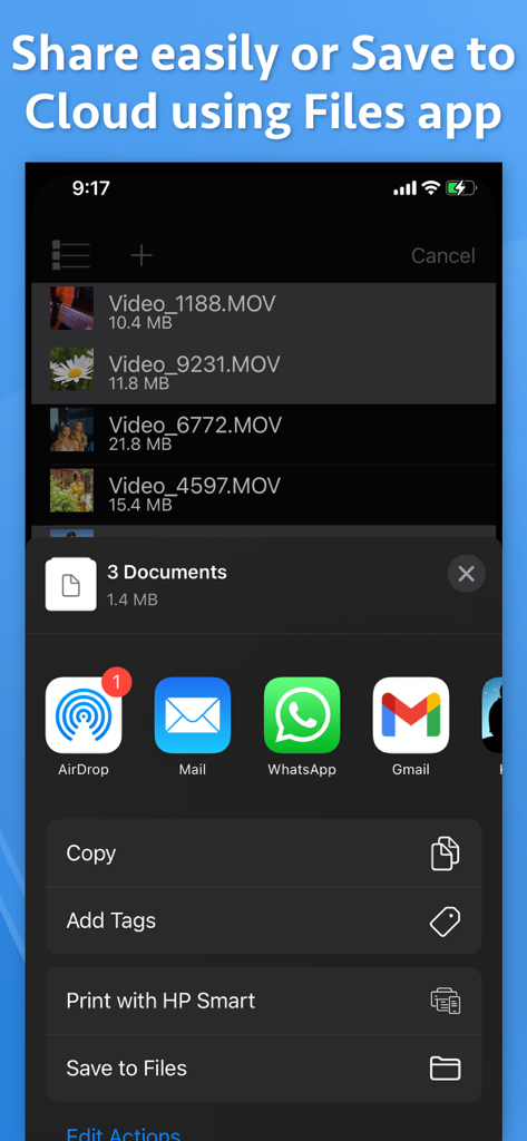 Video to Audio Extractor - Menú de compartir de iOS que muestra opciones para exportar archivos de audio a través de Correo, WhatsApp y Guardar en Archivos.