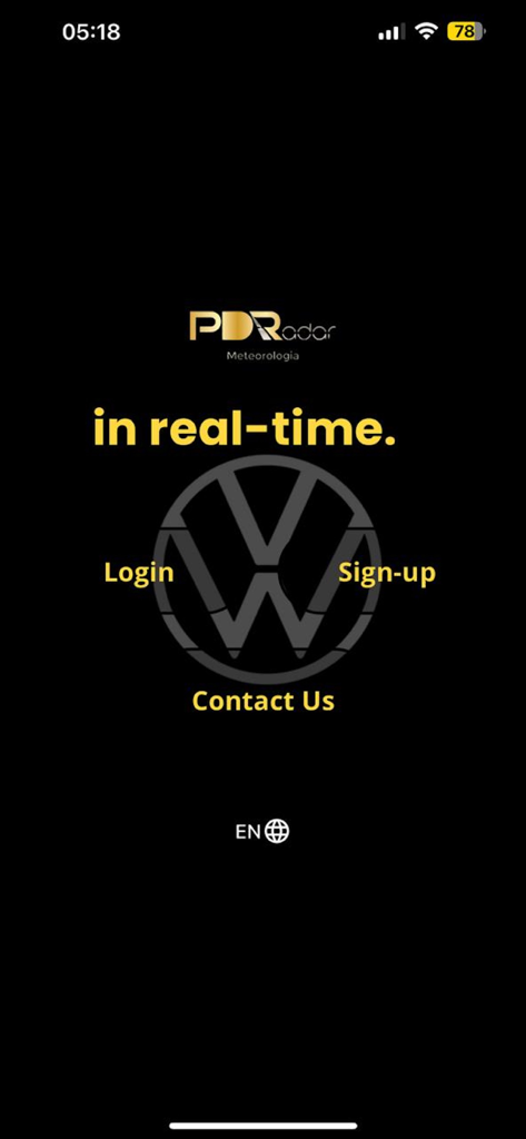 PDRadar - Login and sign up screen for the PDRadar professional weather monitoring app for automotive technicians