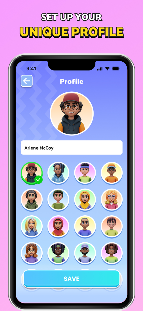 Quick Draw: AI Guess Drawing - Profile customization screen in Quick Draw AI showing various character avatar choices and a name entry field