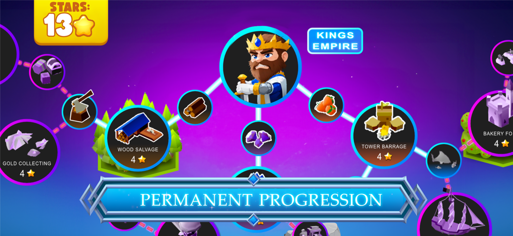Hexapolis game interface showing a permanent progression map with technology and building upgrades