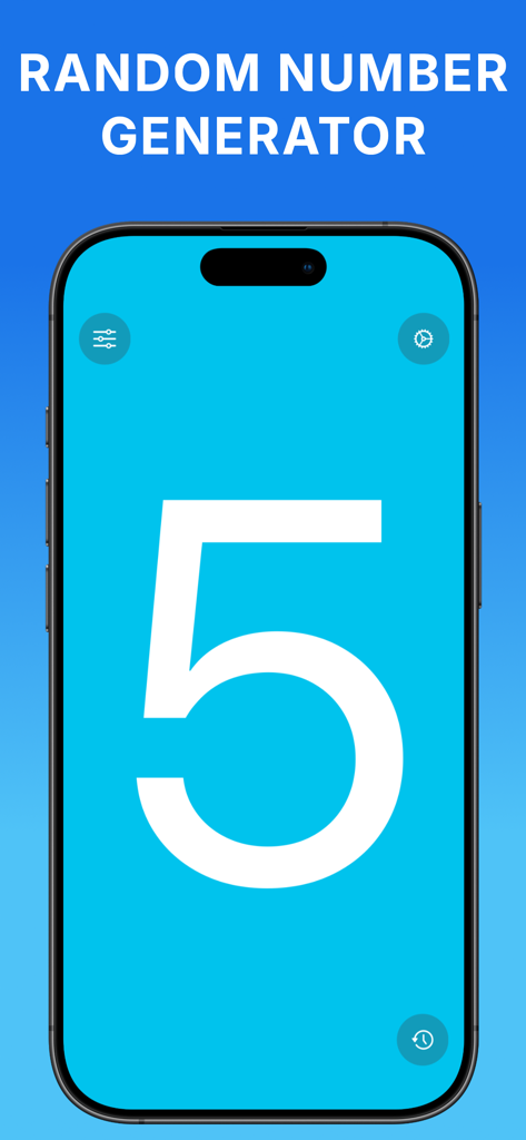 Random Number Generator . - Número grande branco 5 em uma tela azul no aplicativo Gerador de Números Aleatórios.