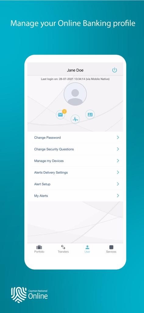 Cayman National - Cayman National mobile banking app profile management screen showing security and alert options