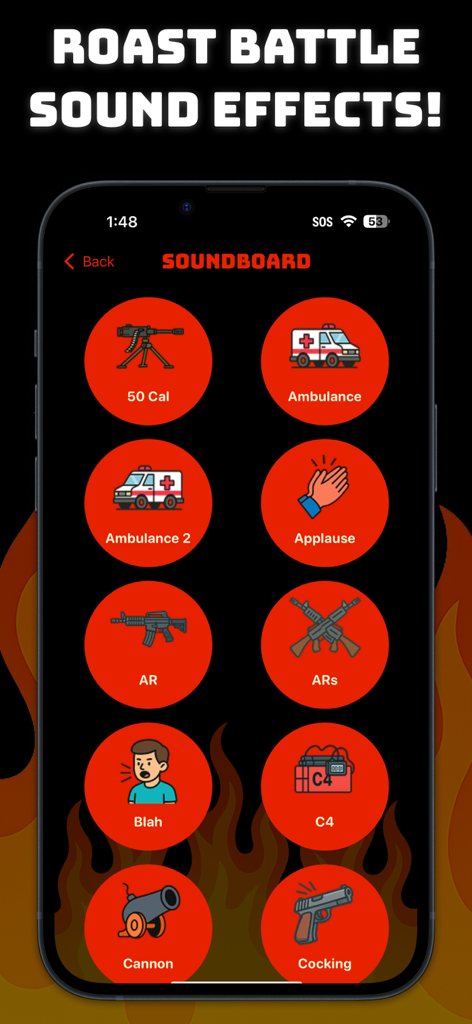 Roast Bot: Savage Comebacks - Soundboard interface from the Roast Bot app featuring various battle sound effect icons.
