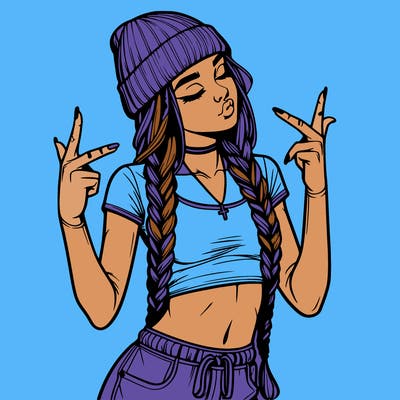 realistic teenage girl with braids and a beanie and crop top doing 🫶🏼