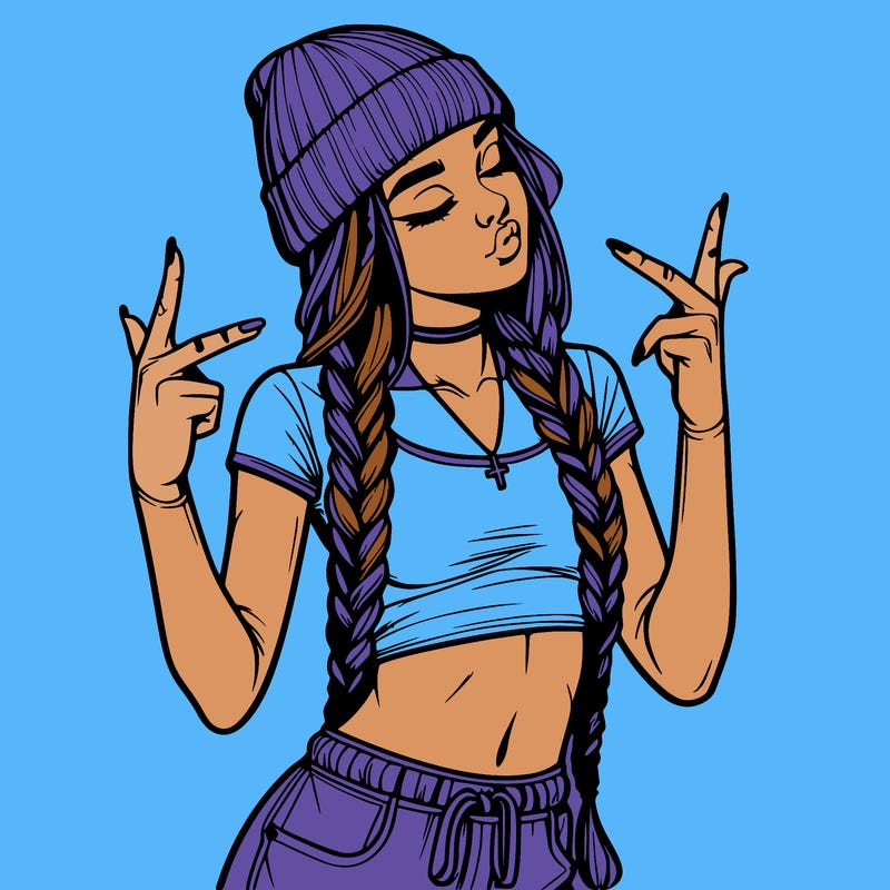 realistic teenage girl with braids and a beanie and crop top doing 🫶🏼