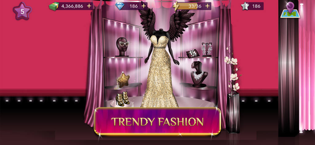 Fashion Queen: Dress Up & Glow - A golden sequin gown with black feathered wings displayed in a virtual dressing room with luxury accessories