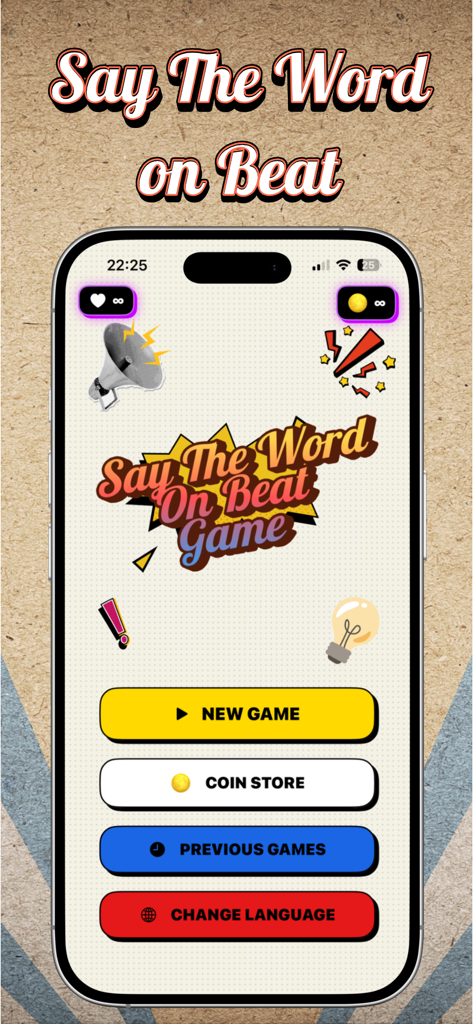 Main menu of the Say The Word On Beat mobile rhythm game featuring New Game and Coin Store buttons on an iPhone