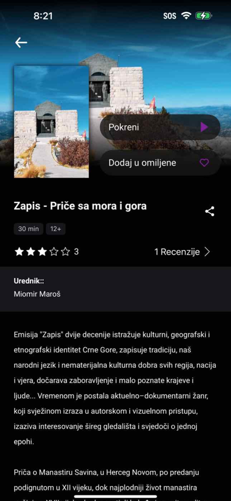 MNE Play - MNE Play app interface showing details for the cultural documentary series Zapis.