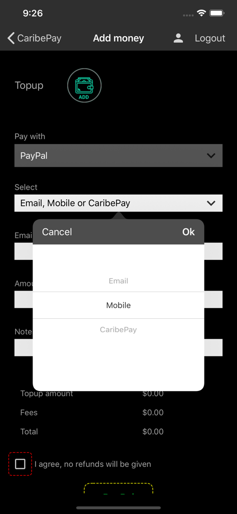 CaribePay app interface showing the add money screen with PayPal selected as the payment method and a picker for email or mobile details.