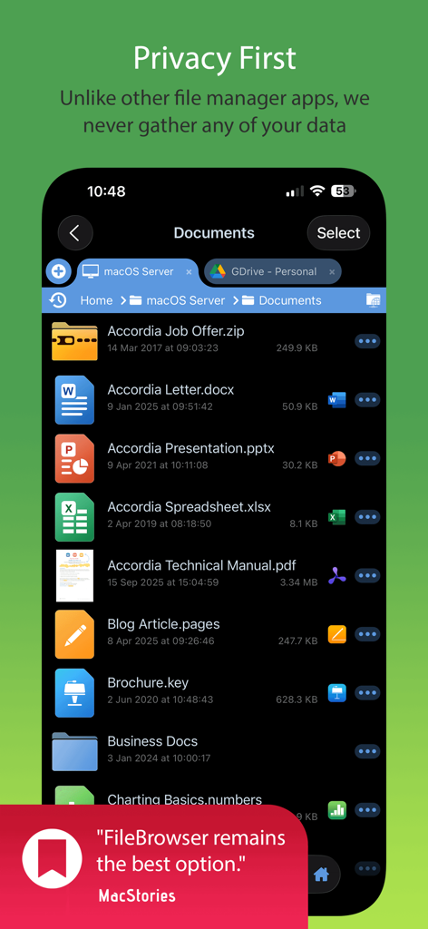 FileBrowser Professional app interface highlighting privacy and document management