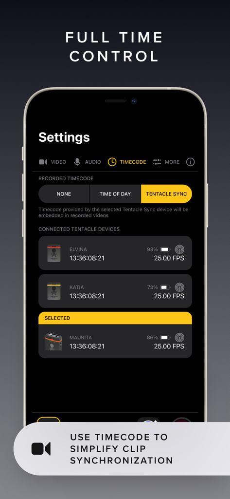 Interface showing timecode and Tentacle Sync settings in the REC Pro Video Camera app