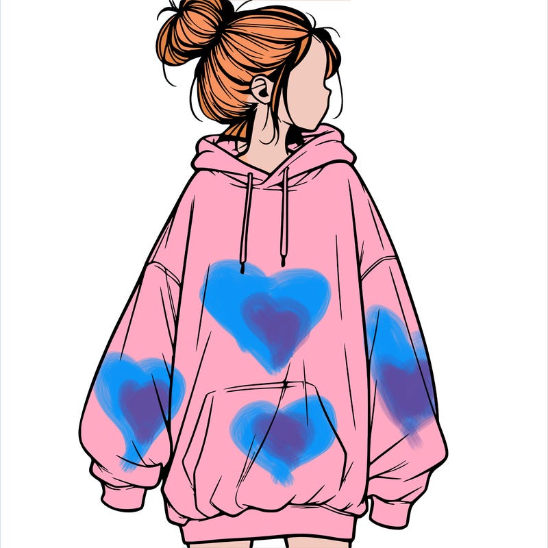realistic girl with a oversized sweatshirt on and a bun